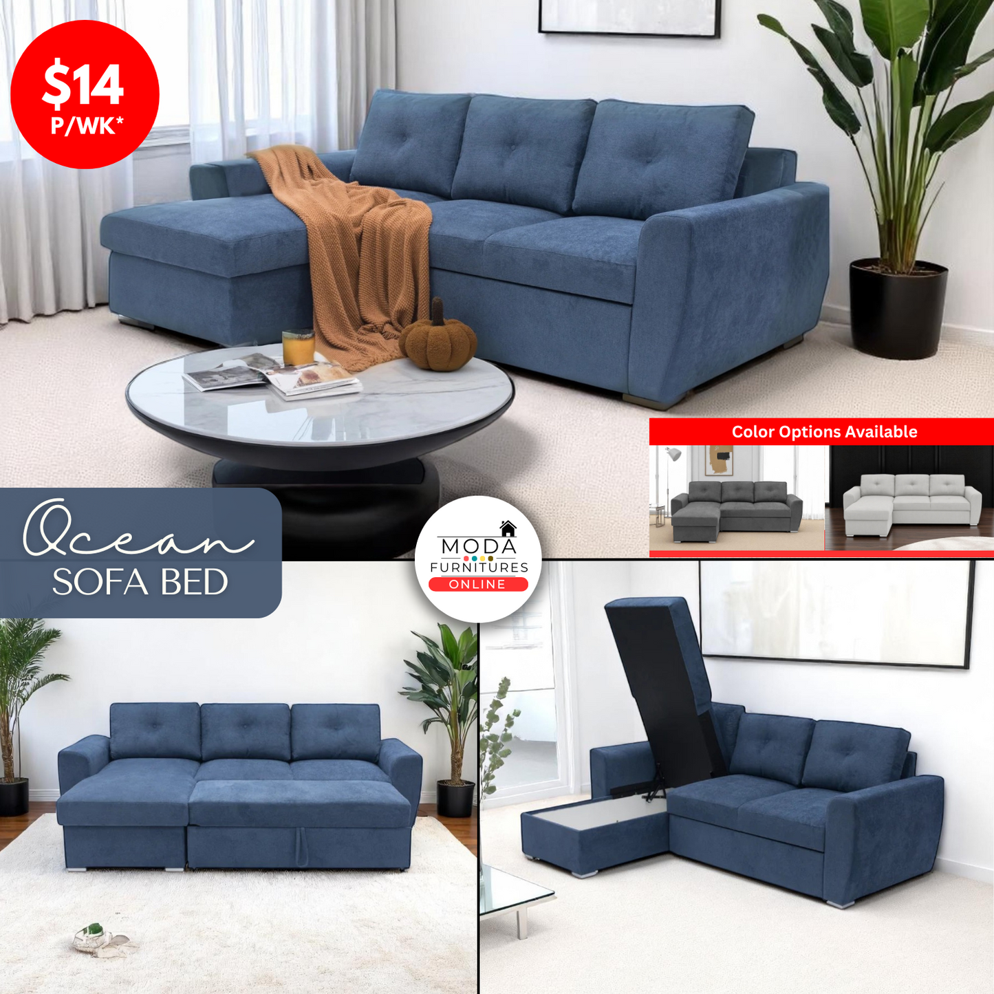 Ocean Sofa Bed with Chaise & Storage (Blue)