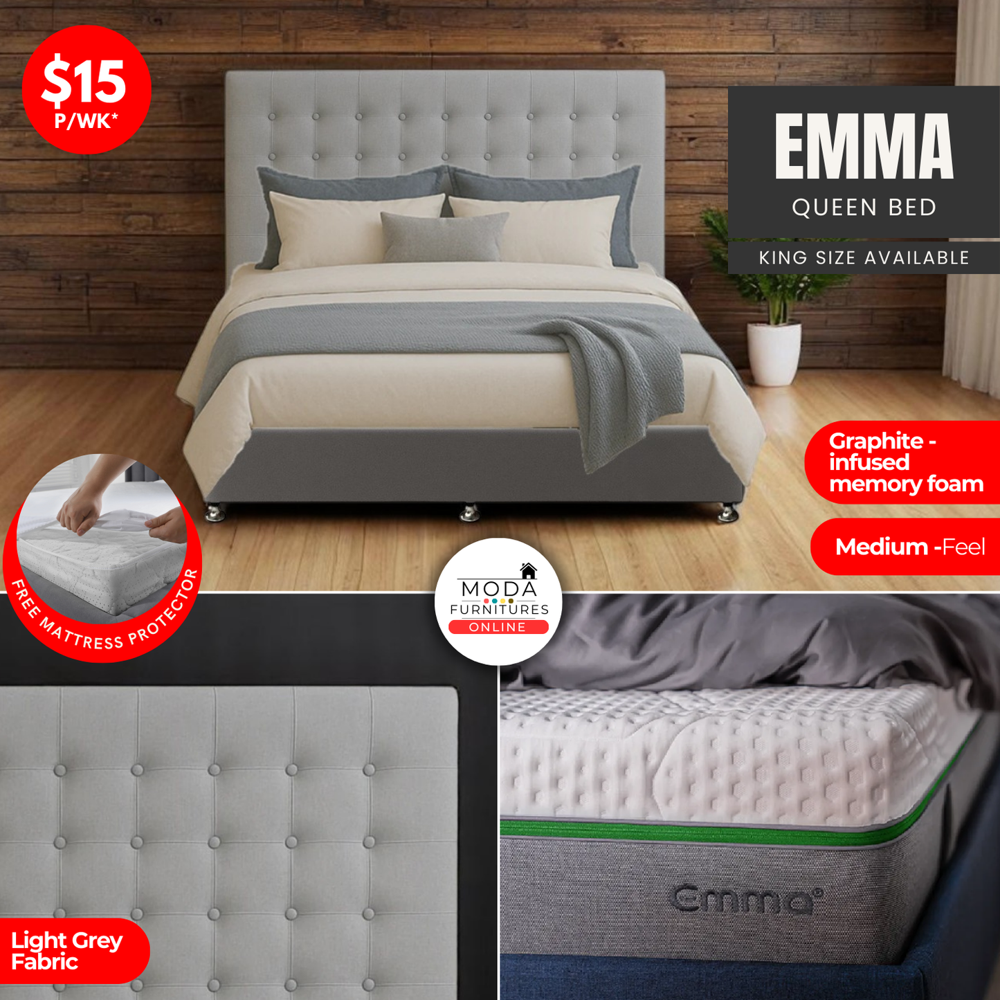Emma Light Grey Queen Bed