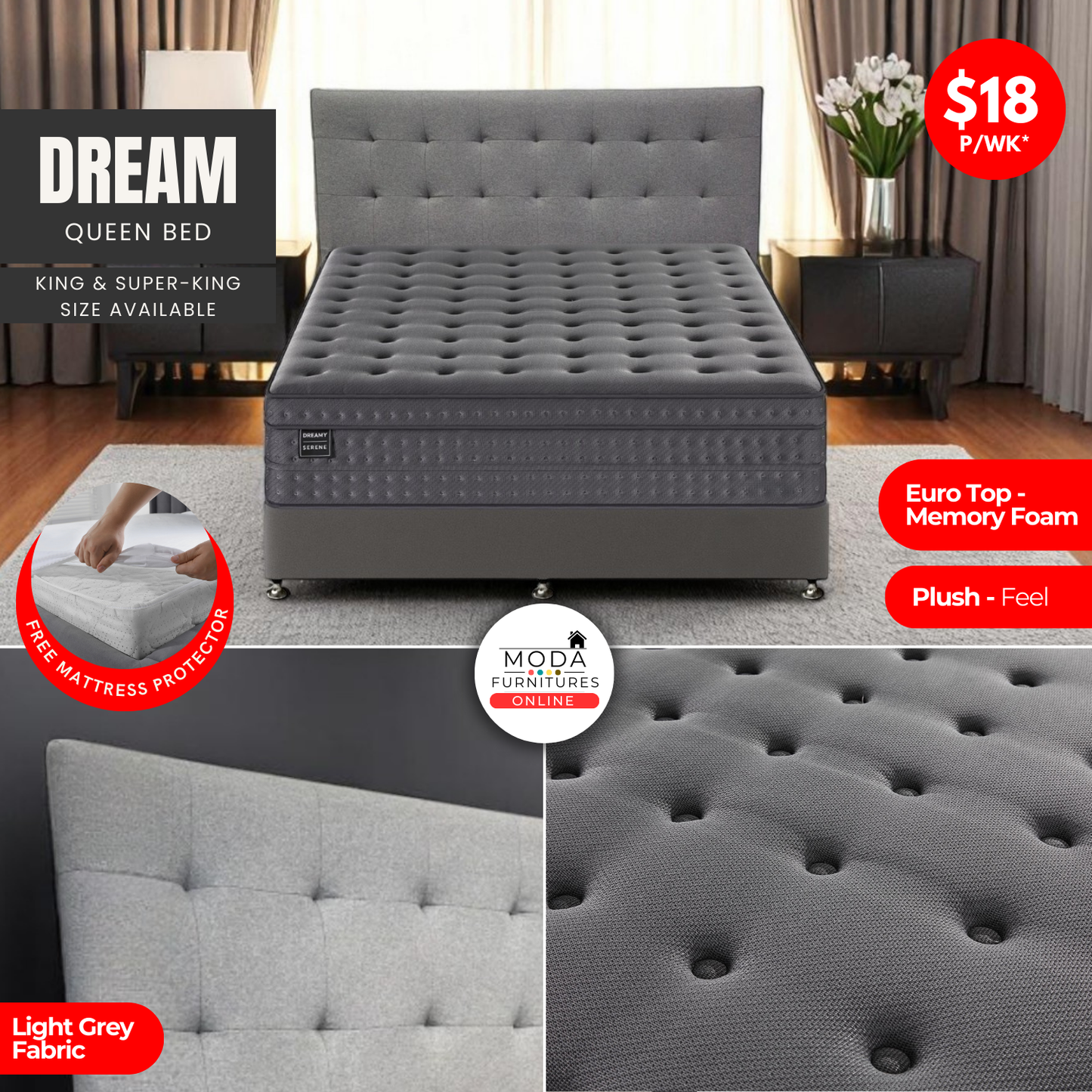Dream Light Grey Queen Bed