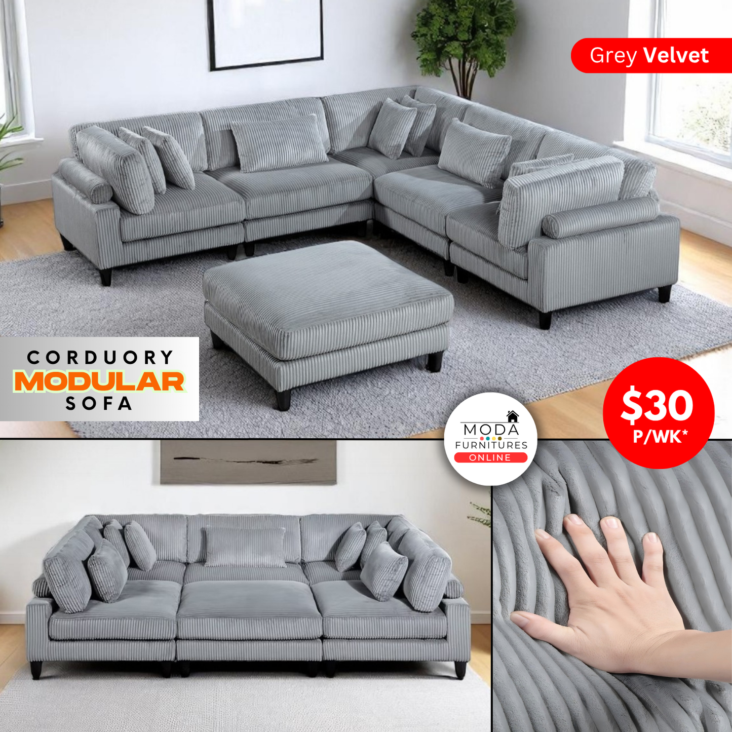 ALTONA Corduroy Modular Sectional Sofa (Grey)
