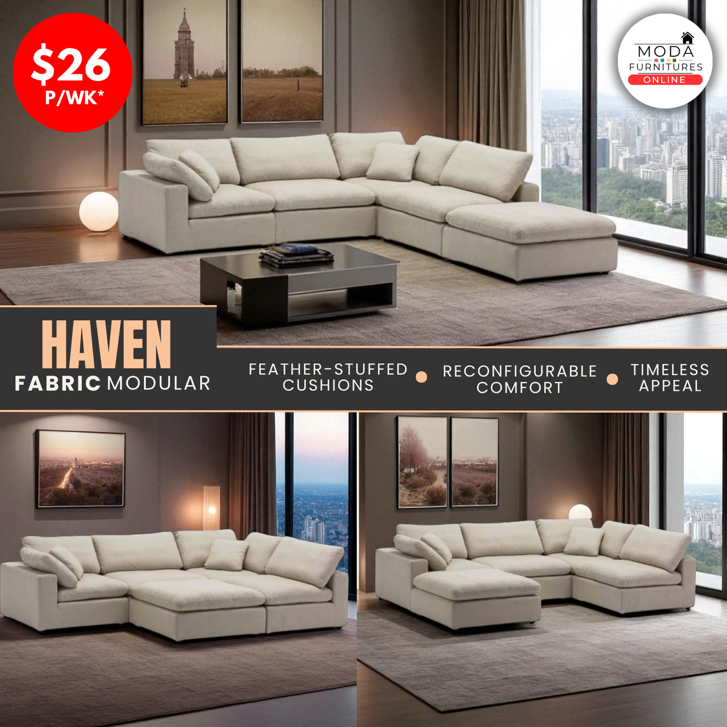 🪶 HAVEN FEATHER FABRIC MODULAR SOFA – BEIGE