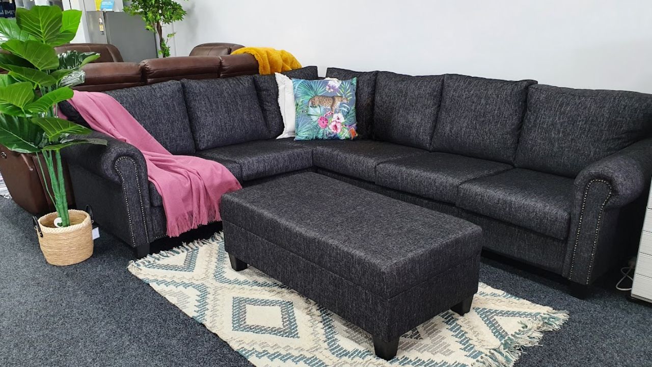 Compton Black Fabric Corner Sofa with Storage Ottoman (NZ Made)