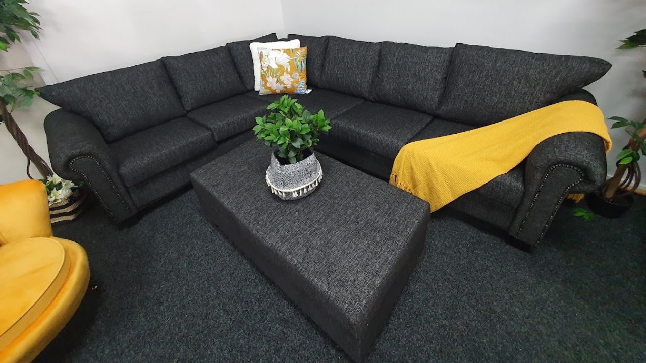 Compton Black Fabric Corner Sofa with Storage Ottoman (NZ Made)