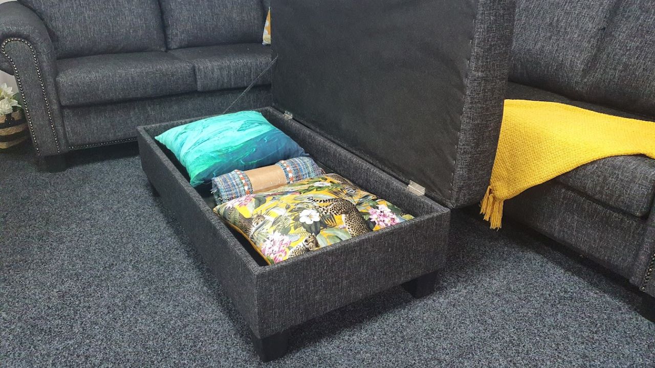 Compton Black Fabric Corner Sofa with Storage Ottoman (NZ Made)