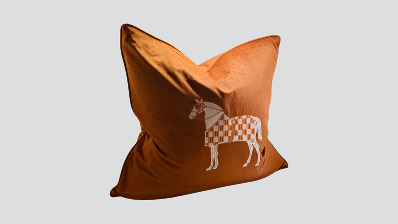 Horse Embroidery Cushion Cover - Orange Velvet