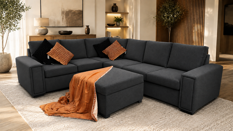 Kiwi Comfort Corner Sofa with Ottoman — Amber Charcoal