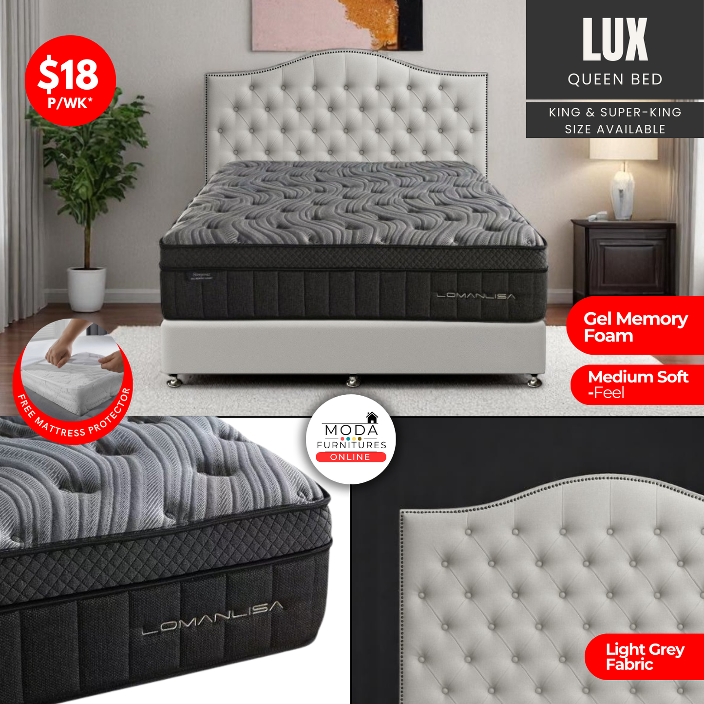 LUX Light Grey Queen Bed
