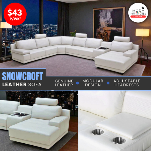 ❄️ SNOWCROFT GENUINE LEATHER L-SHAPE CORNER SOFA – WHITE