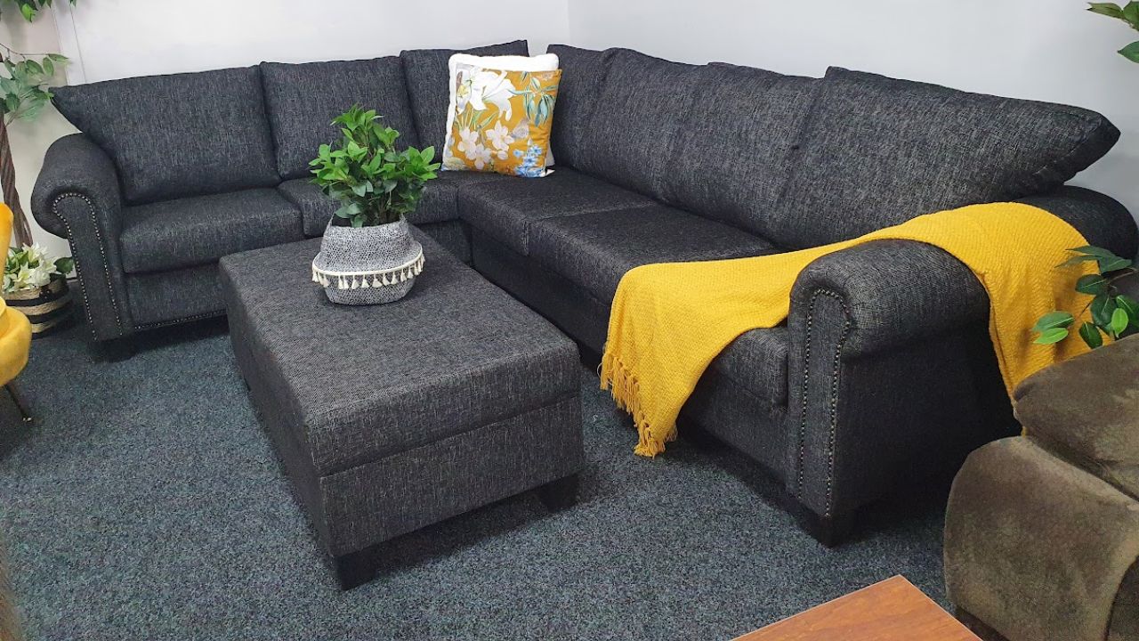 Compton Black Fabric Corner Sofa with Storage Ottoman (NZ Made)