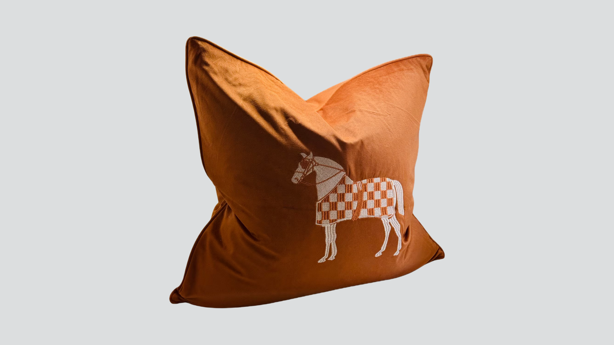 Horse Embroidery Cushion Cover - Orange Velvet