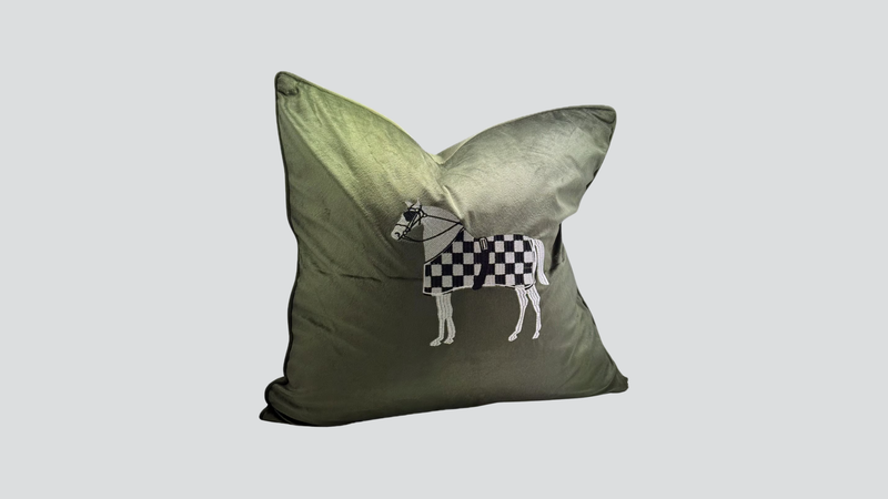 Horse Embroidery Cushion Cover - Green Velvet