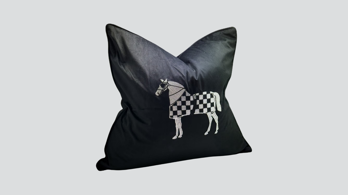 Horse Embroidery Cushion Cover - Black Velvet