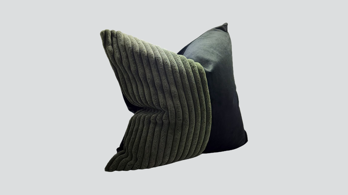 Patchwork cushion cover - black green corduroy velvet