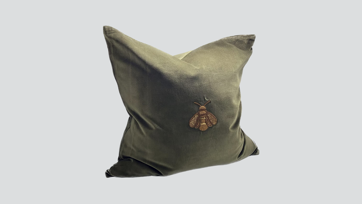 Cushion cover - hand embroidered - green / gold