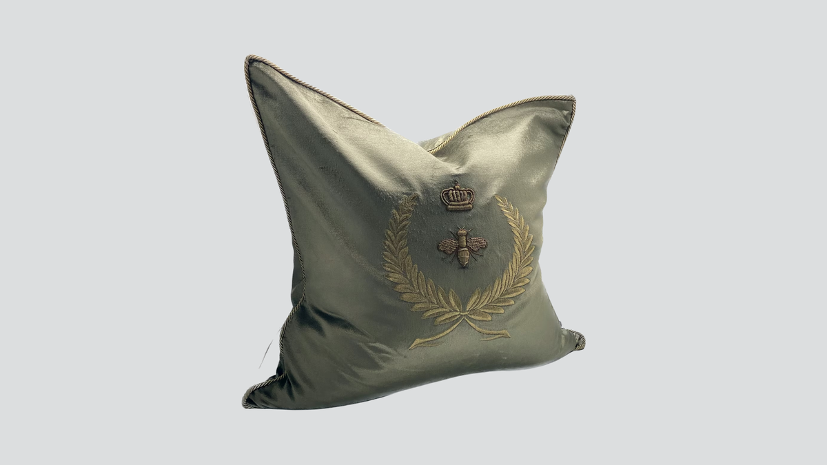 Cushion cover - hand embroidered - dark green / gold