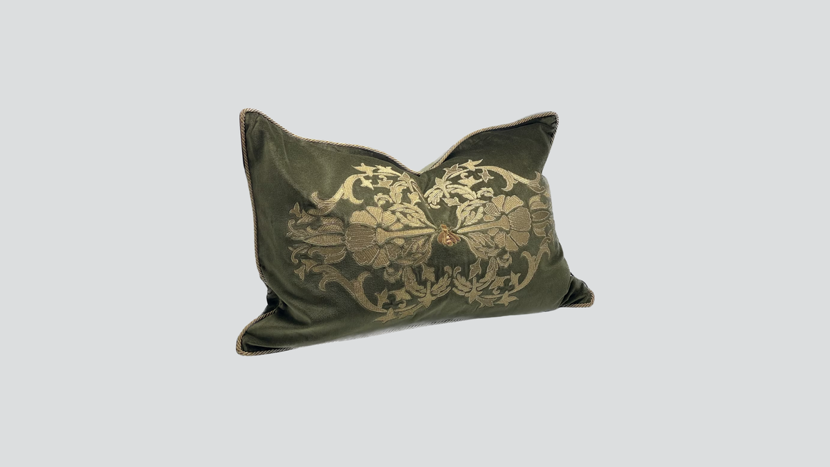 Cushion cover - hand embroidered - green / gold