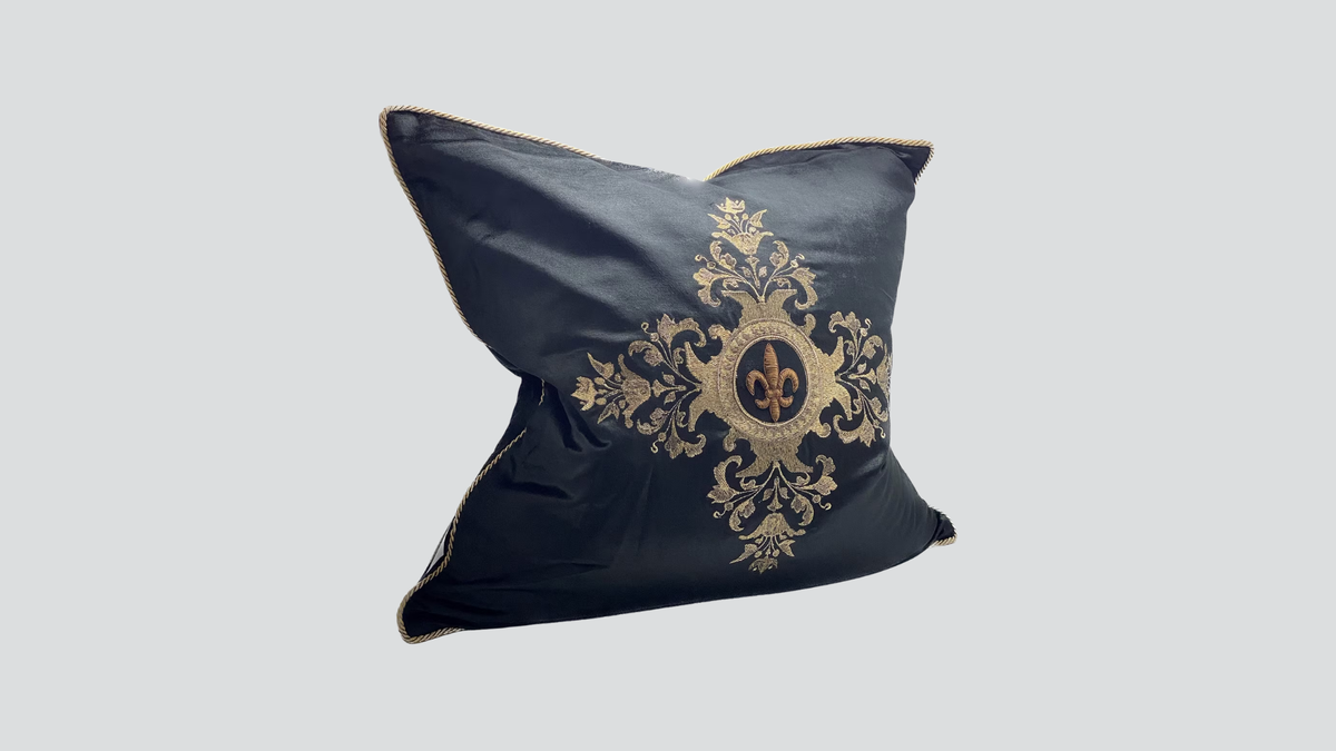 Cushion cover - hand embroidered - black / gold