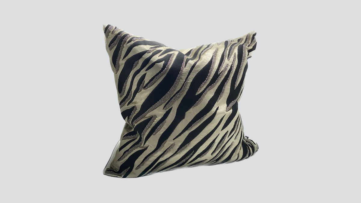 Cushion cover - hand embroidered - black / fawn
