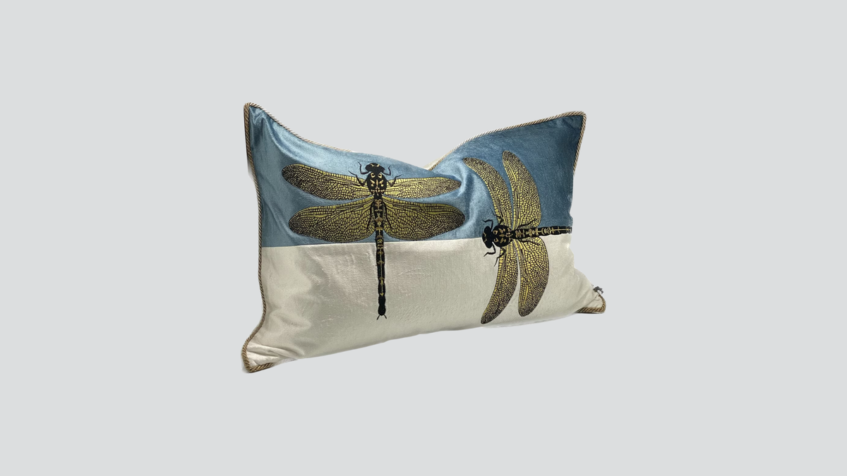 Cushion cover - hand embroidered - blue / white / gold