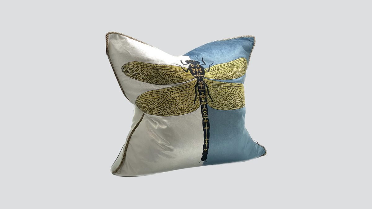 Cushion cover - hand embroidered - blue / white / gold