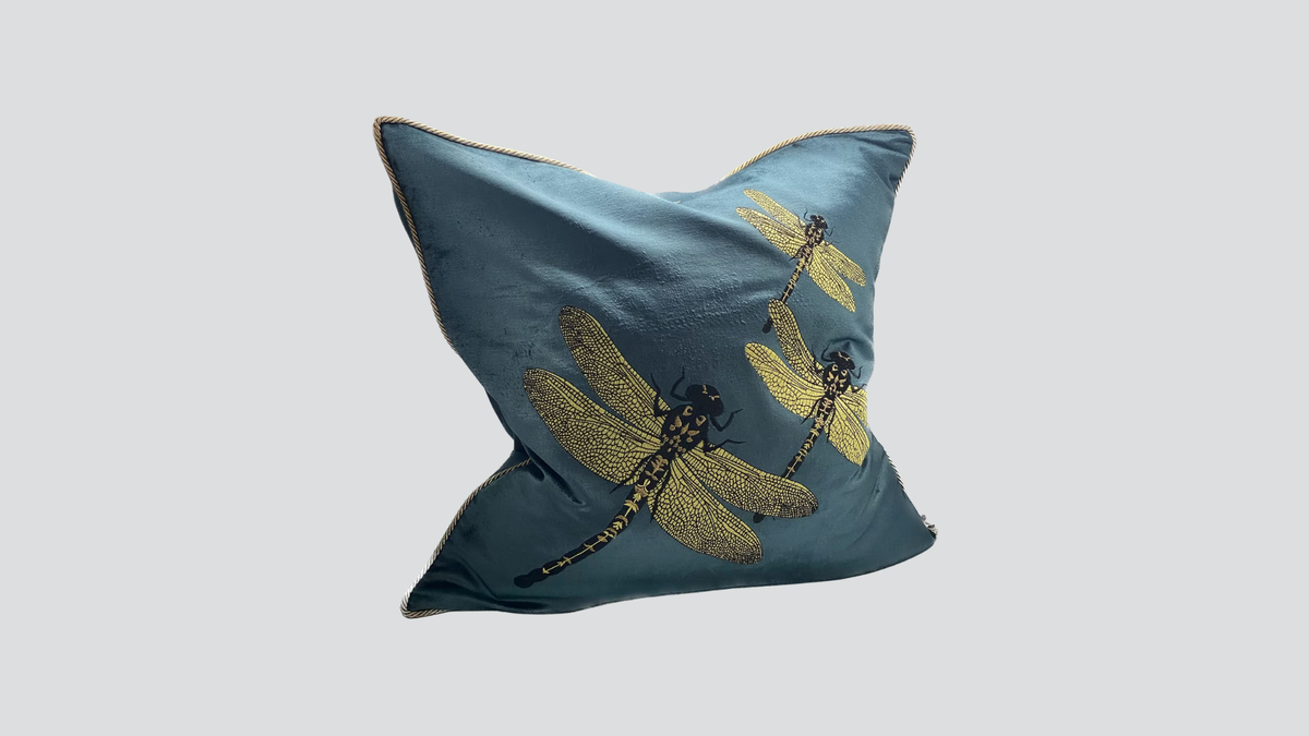 Cushion cover - hand embroidered - blue / gold