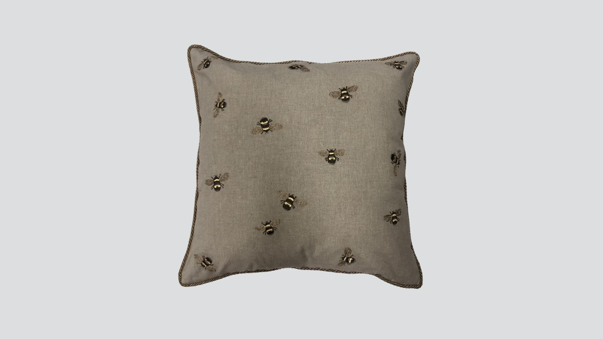 Cushion cover - hand embroidered - natural chambrey w/ bees