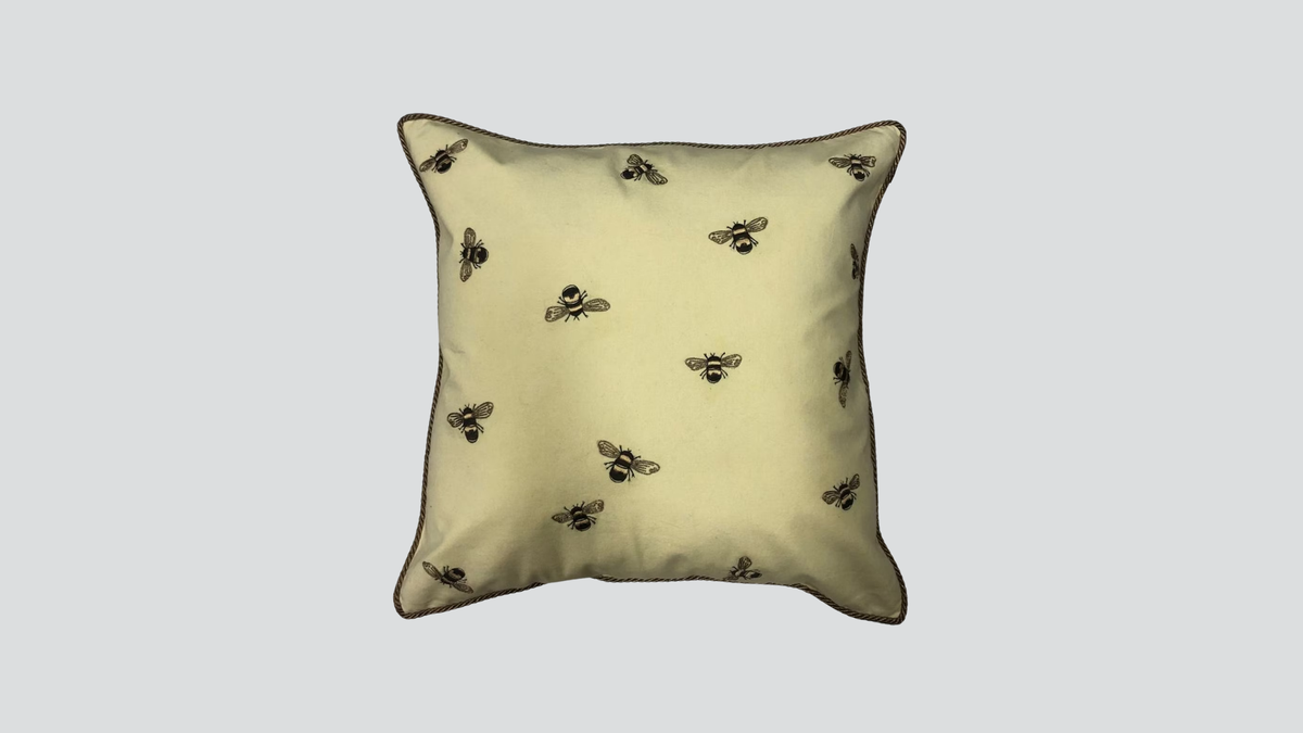 Cushion cover - hand embroidered - gold w/ black bees
