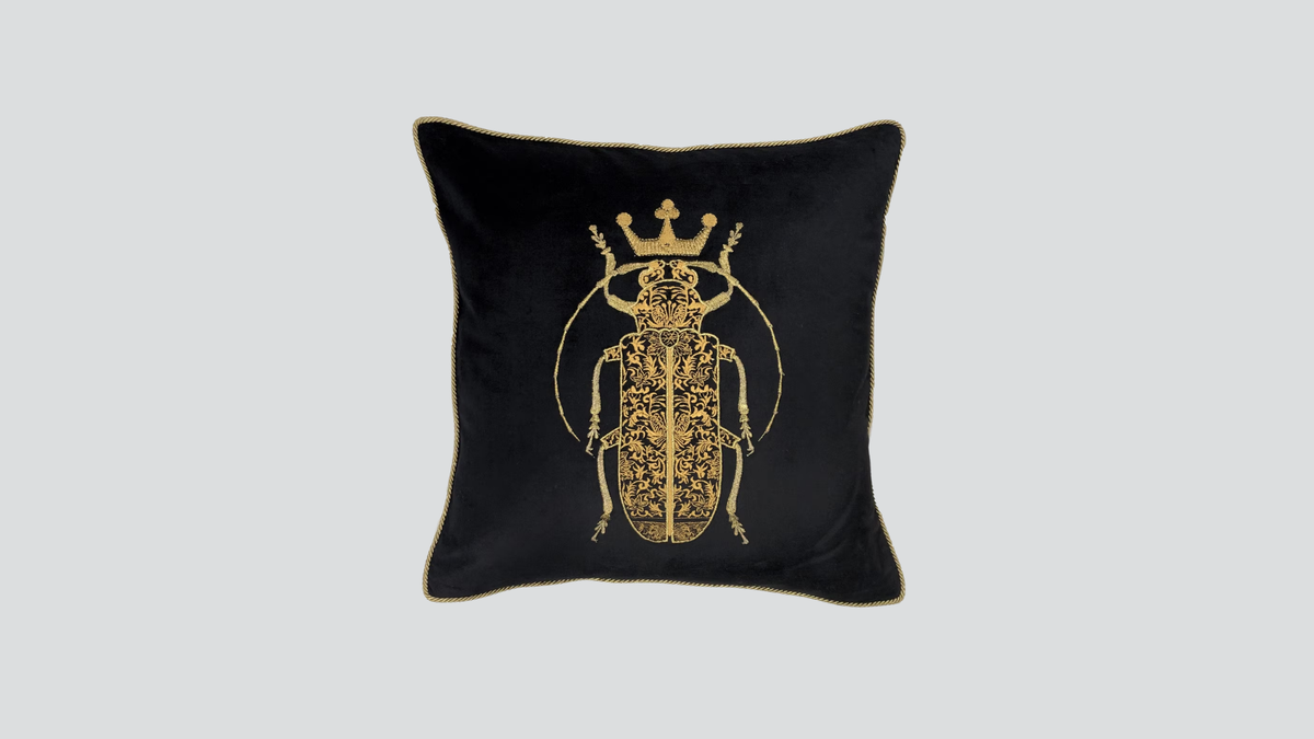 Cushion cover - hand embroidered - black w/gold bug