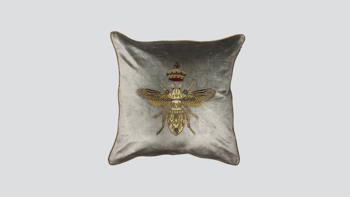 Cushion cover - hand embroidered - platinum w/ gold bee