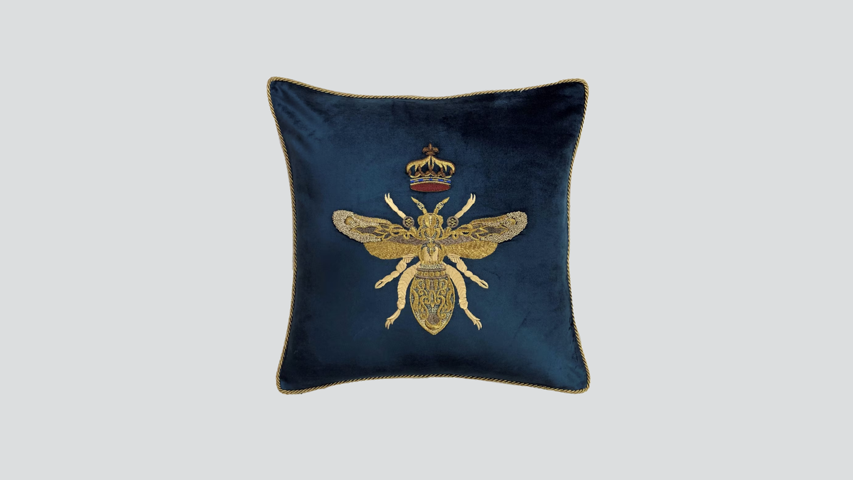 Cushion cover - hand embroidered - teal w/ gold bee