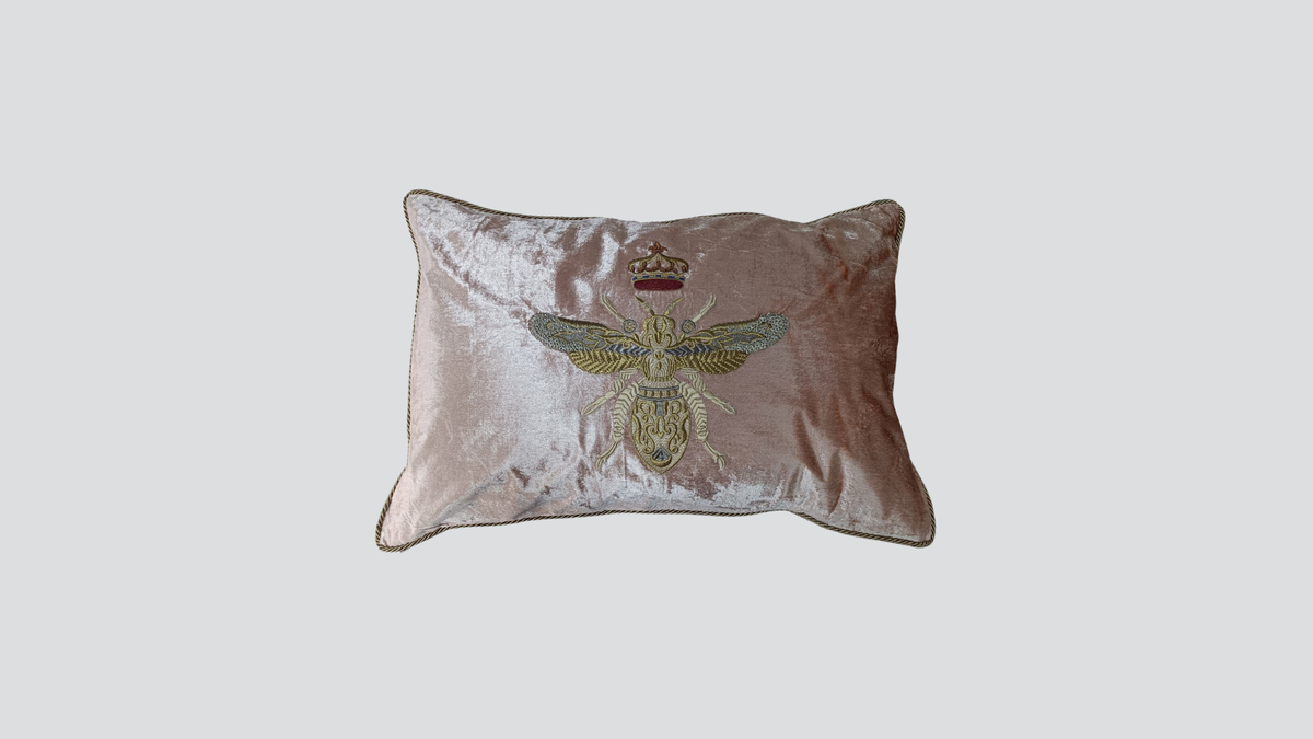 Cushion cover - hand embroidered - blush w/gold bee
