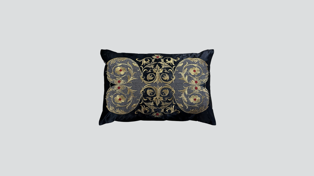 Cushion cover - hand embroidered - black w/antique gold design