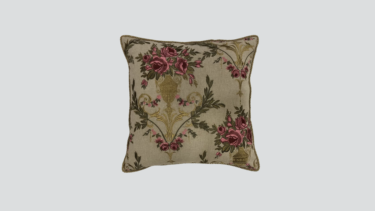 Cushion cover - hand embroidered - pink & gold chambrey