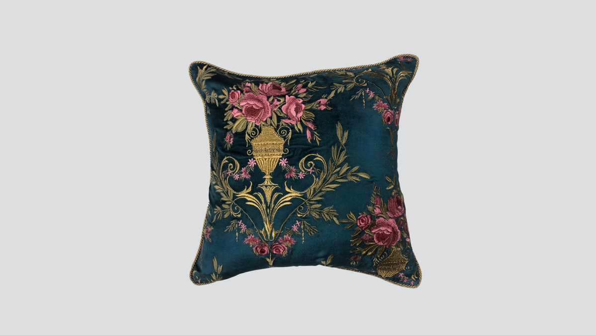 Cushion cover - hand embroidered - ponk & gold on blue chambrey
