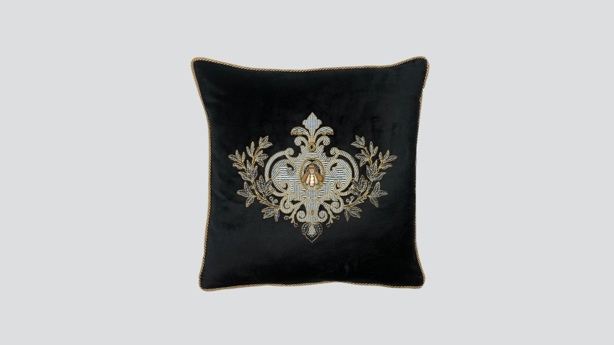 Cushion cover - hand embroidered - black w/ grey wreath