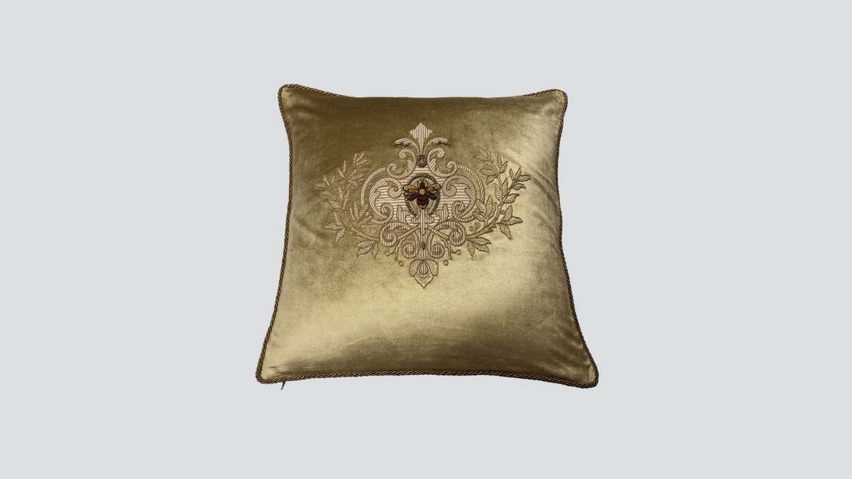 Cushion cover - hand embroidered - antique gold w/ gold wreath