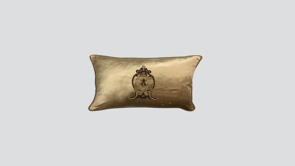 Cushion cover - hand embroidered - antique gold w/ gold wreath