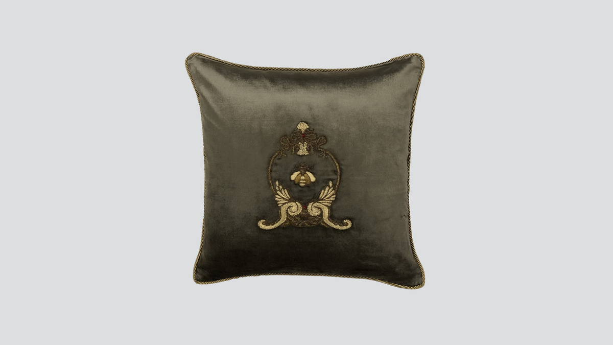 Cushion cover - hand embroidered - antique green w/bee wreath