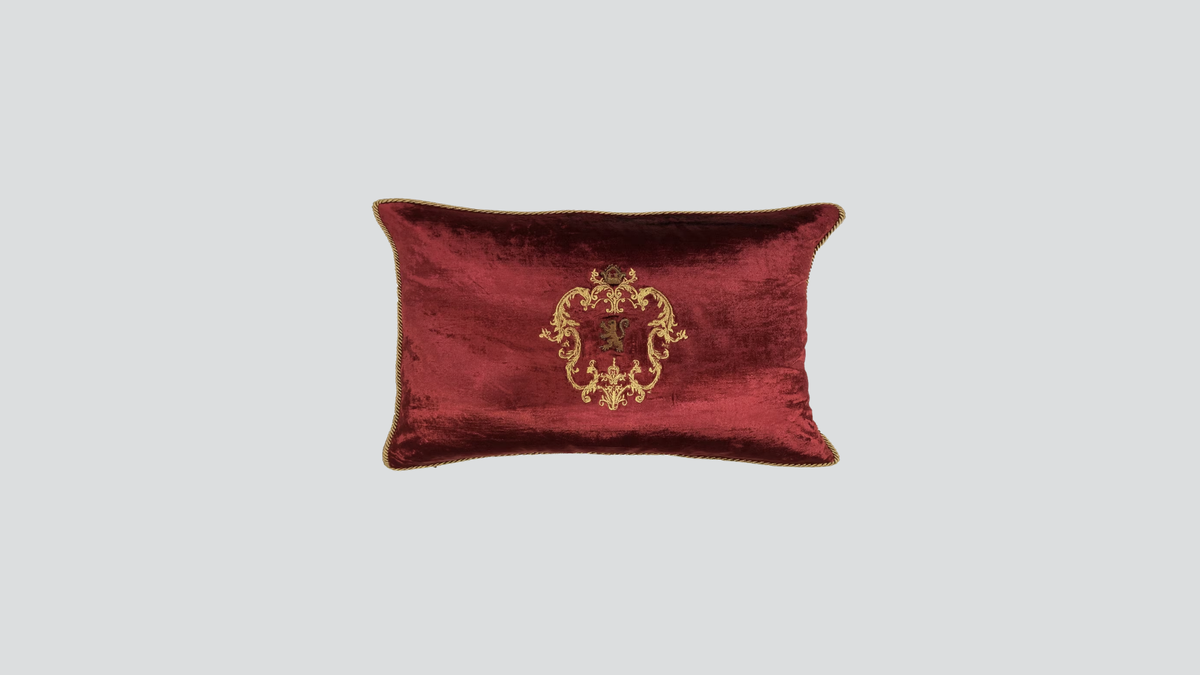 Cushion cover - hand embroidered - maroon w/ gold lion wreath