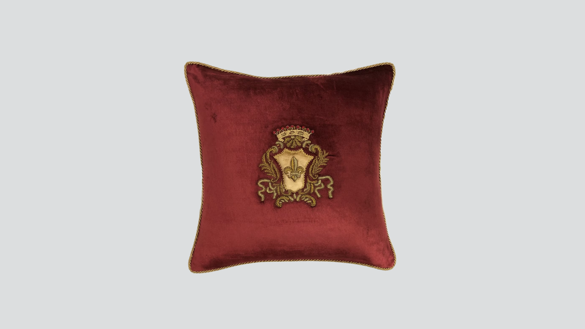 Cushion cover - hand embroidered - maroon w/ gold wreath