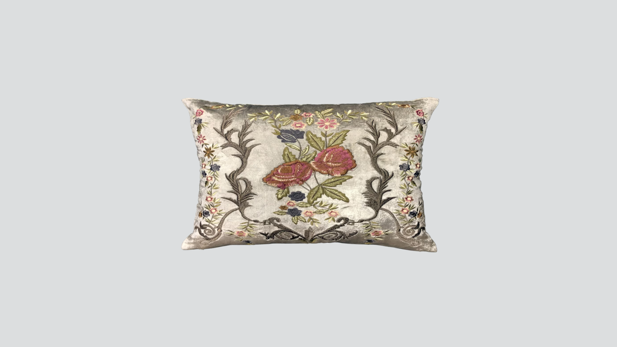 Cushion cover - hand embroidered - multi coloured w/ flowers