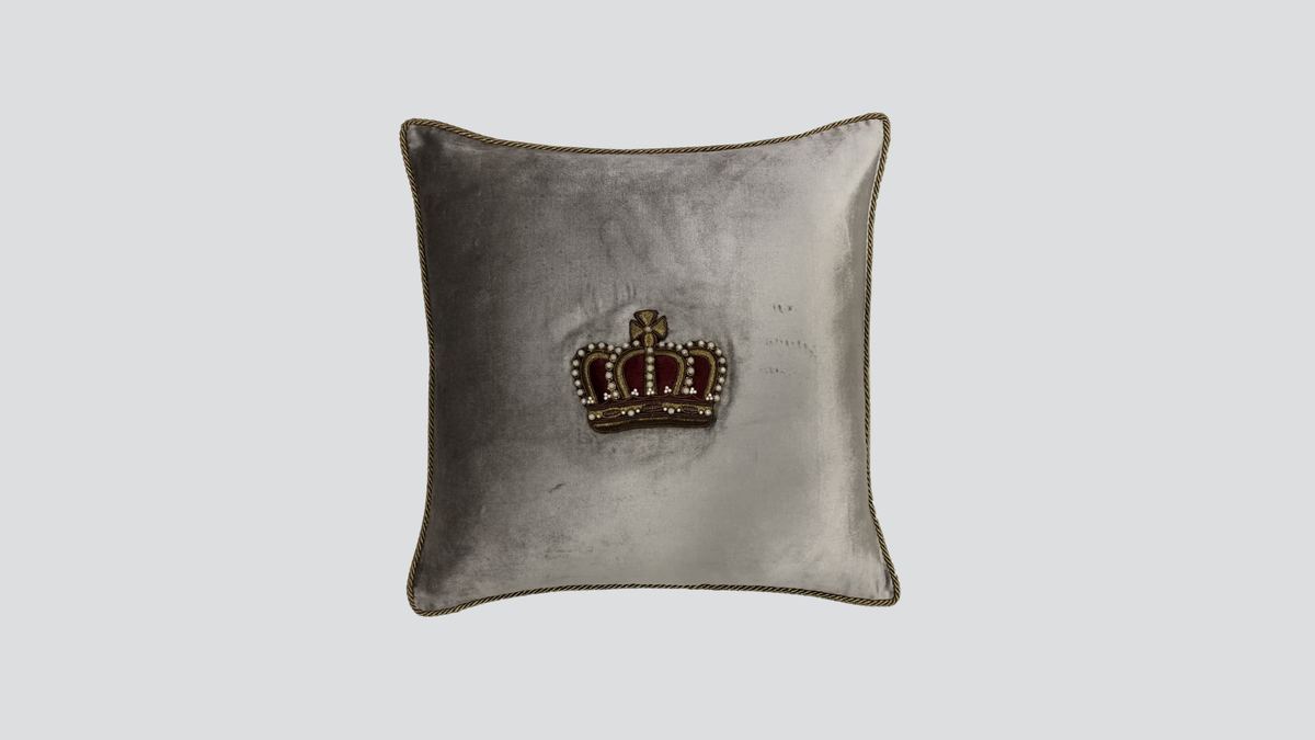 Cushion cover - hand embroidered - platinum w/ gold crown