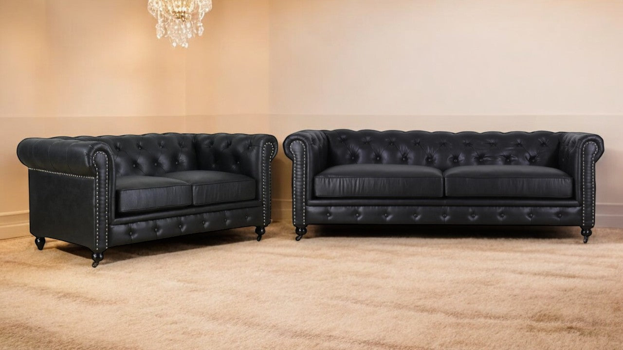 Monarch Chesterfield Leather Sofa (Black)