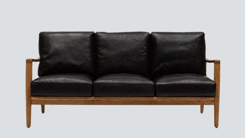 Reid 3 Seater Sofa - Black Leather, Natural Frame