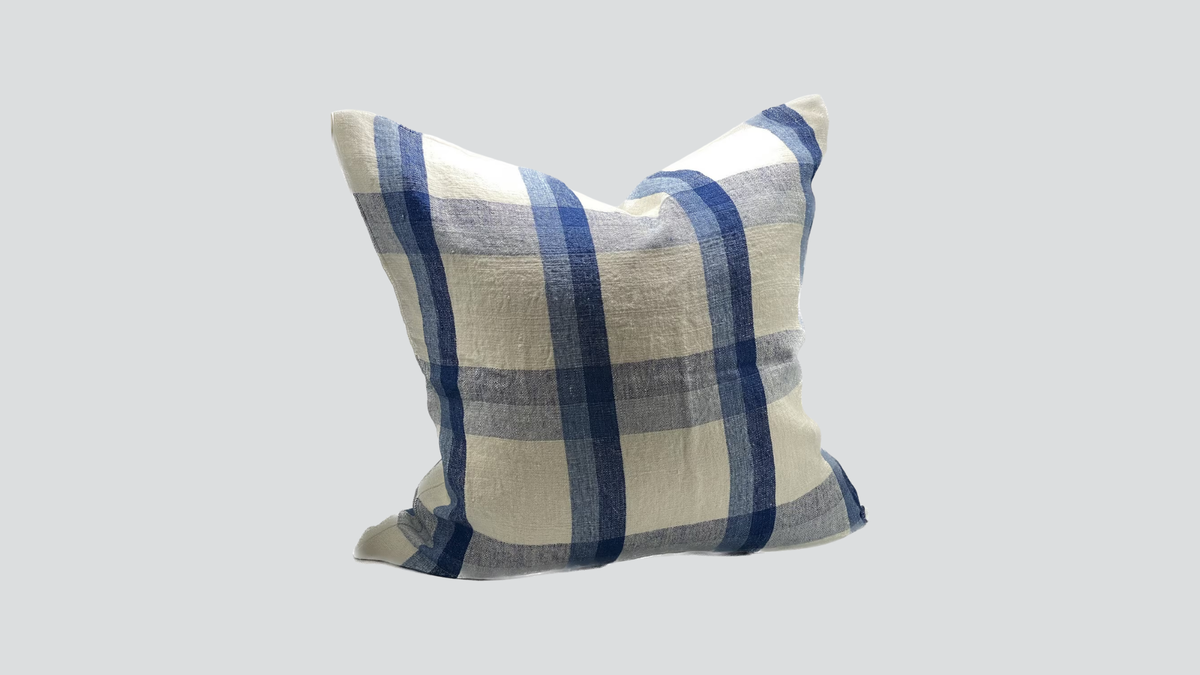 Linen cushion cover - ivory / denim / blue