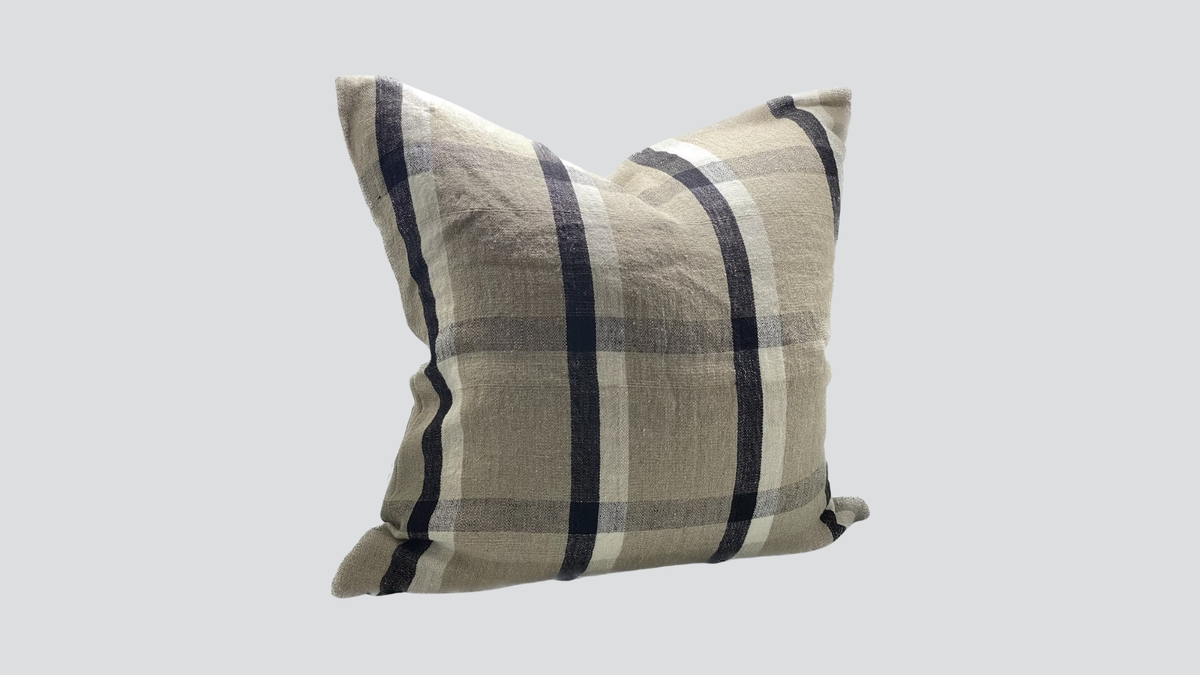 Relaxed linen check cushion cover - natural / black / ivory
